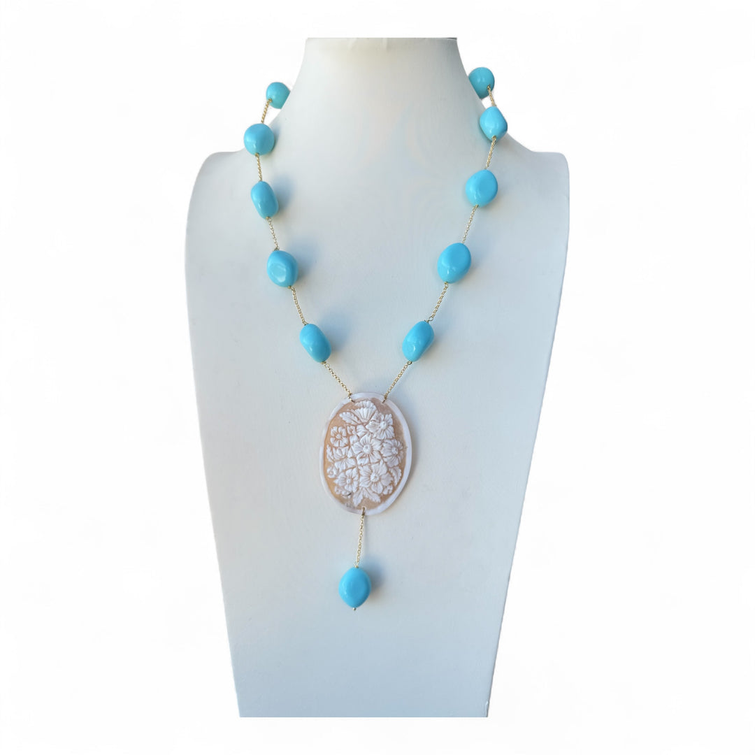 "Flower Cameo" pendant necklace made of sardonic cameo mounted in turquoise paste and nickel-free steel