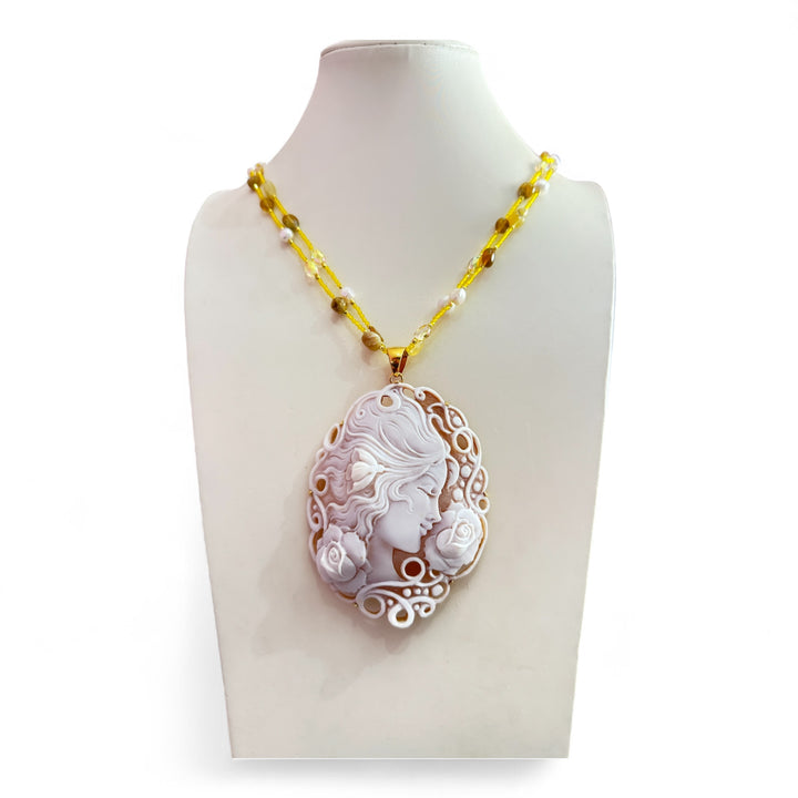 "Lady of the Flowers" pendant necklace in sardonic cameo mounted in silver