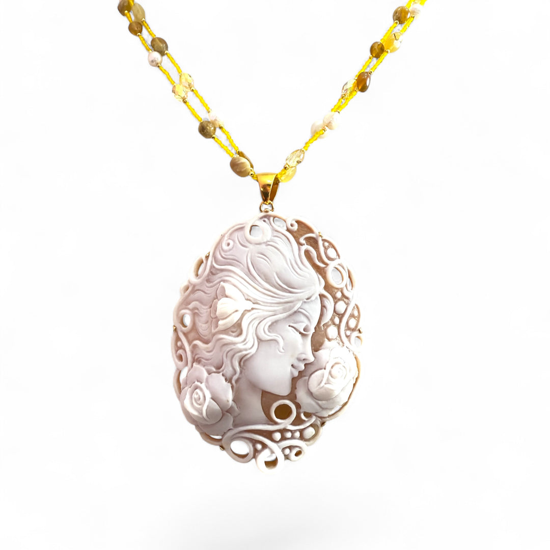 "Lady of the Flowers" pendant necklace in sardonic cameo mounted in silver
