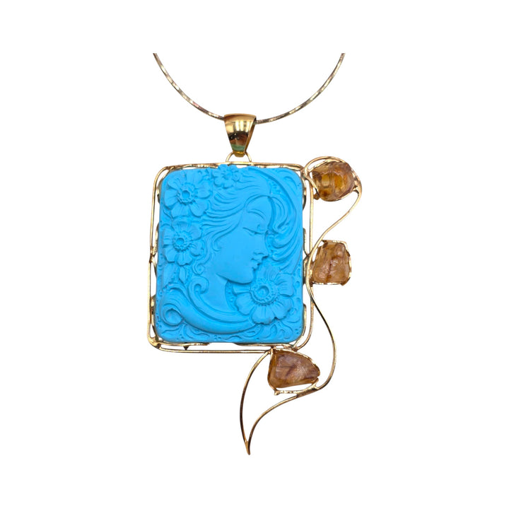 Collana ciondolo “dama quadrata” di pasta turchese 4 fiori montata in argento e citrino