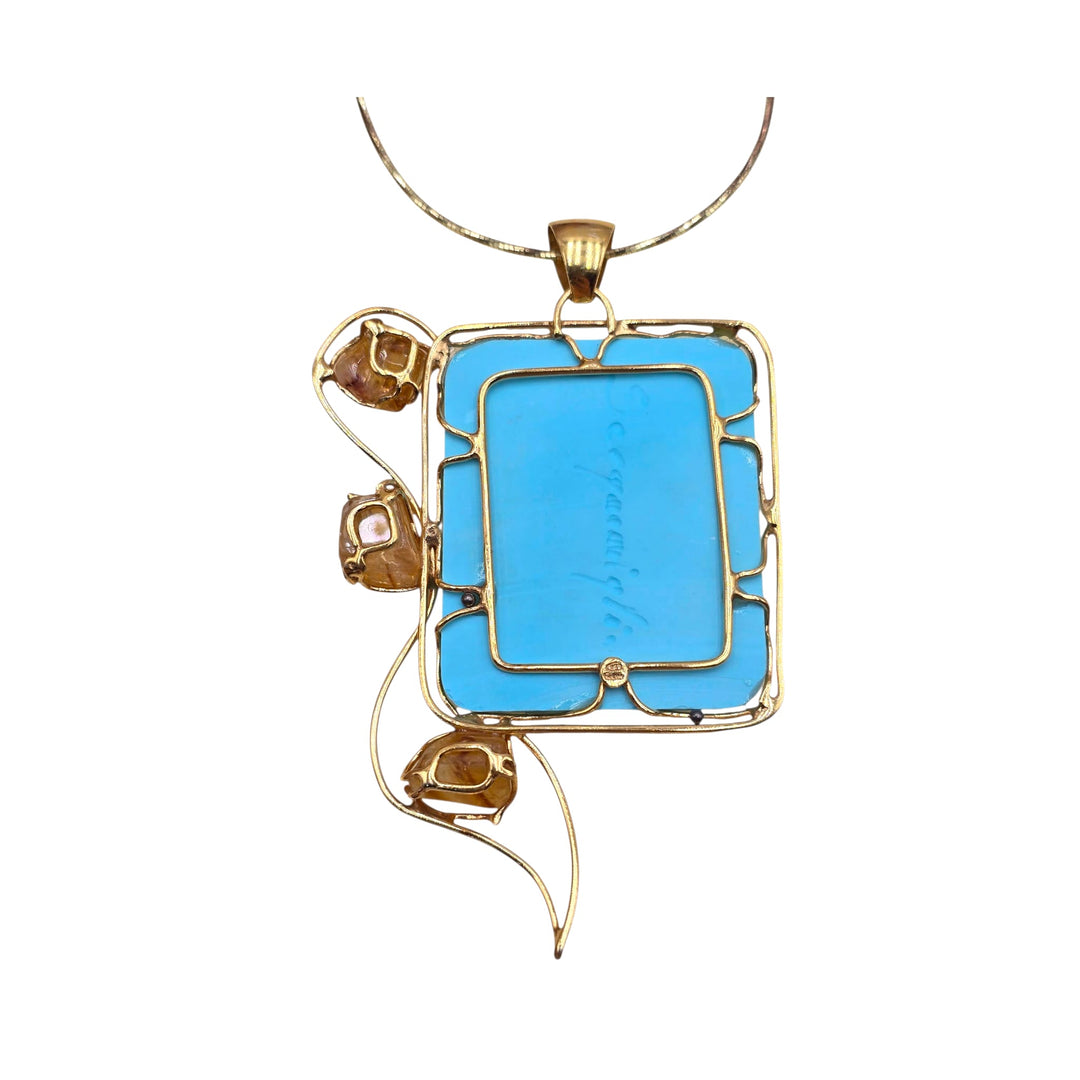 Collana ciondolo “dama quadrata” di pasta turchese 4 fiori montata in argento e citrino