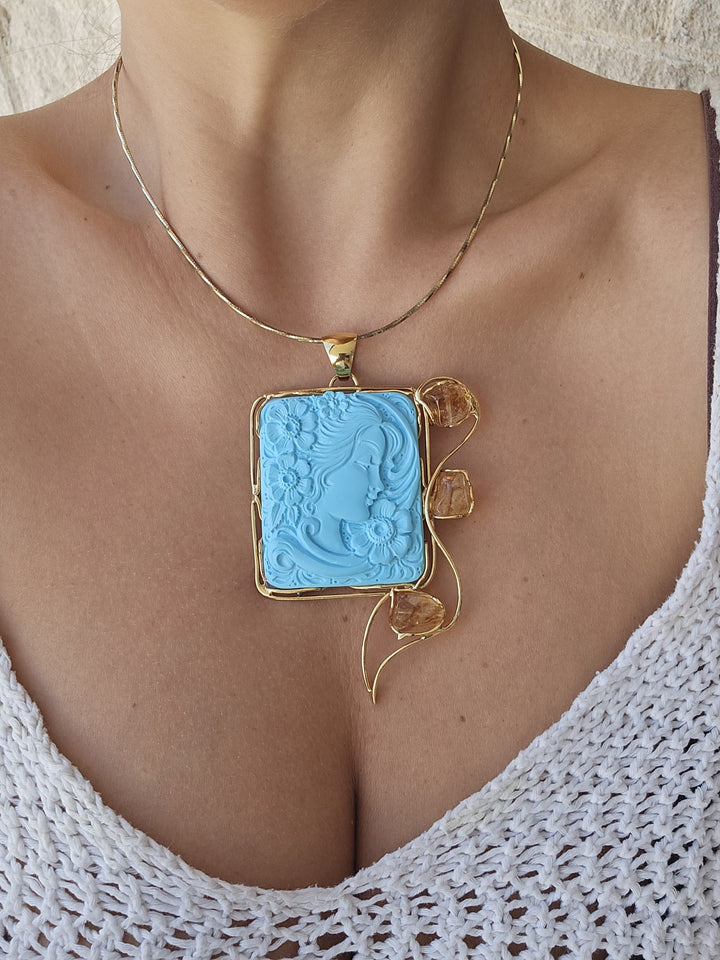Collana ciondolo “dama quadrata” di pasta turchese 4 fiori montata in argento e citrino