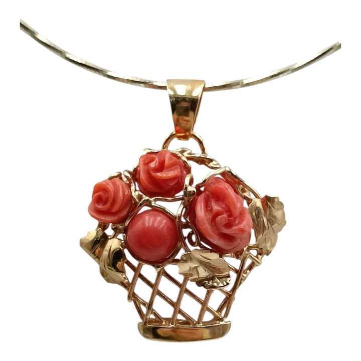 "Fruit Basket" Pendant Necklace in Coral Mounted on Silver