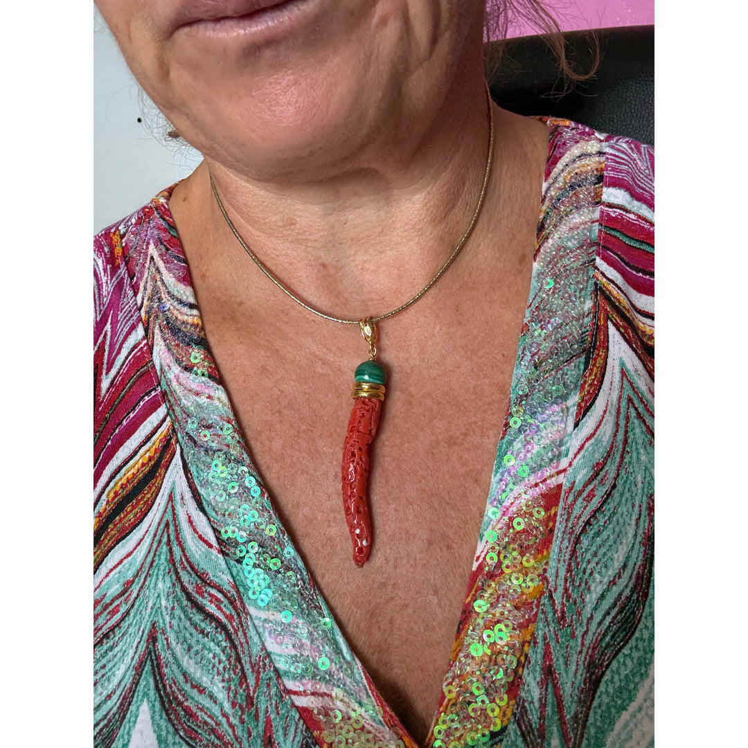Red coral and malachite pendant necklace set in silver