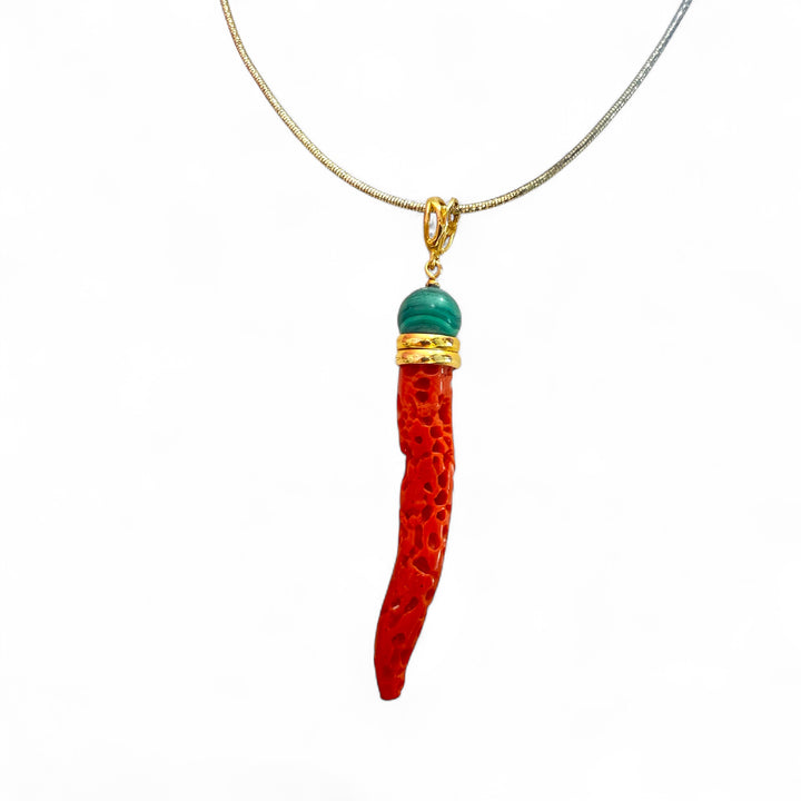 Red coral and malachite pendant necklace set in silver