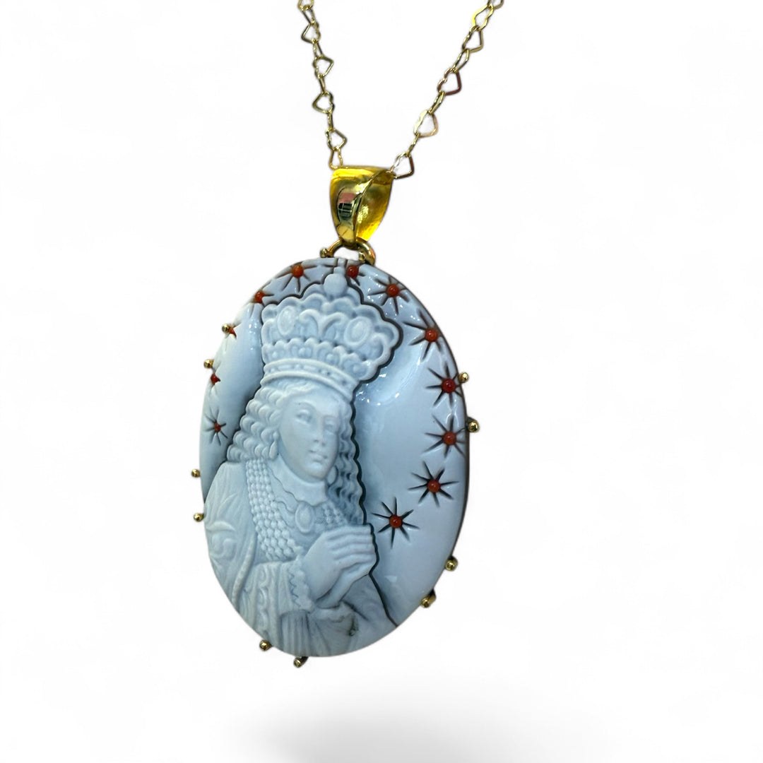 "Immaculate Conception" pendant necklace made of sardonic cameo and coral set in silver