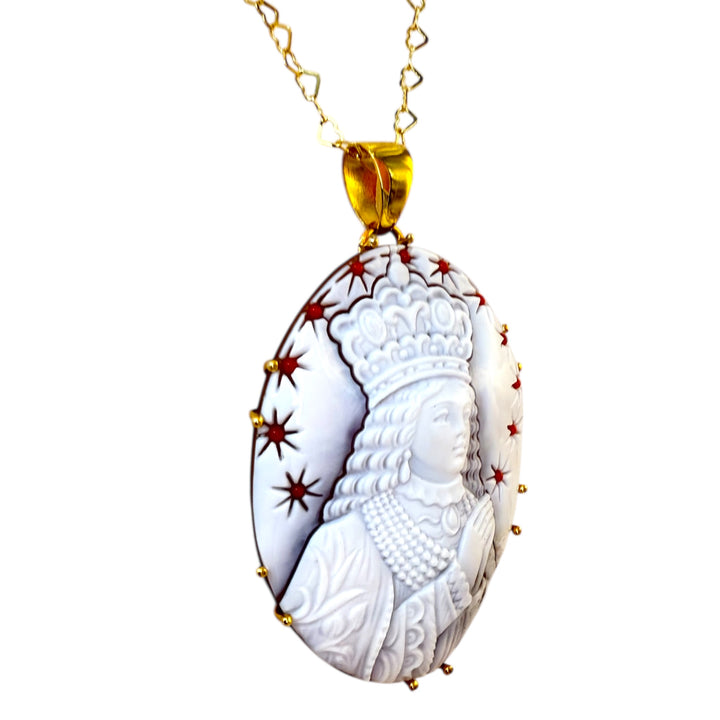"Immaculate Conception" pendant necklace made of sardonic cameo and coral set in silver