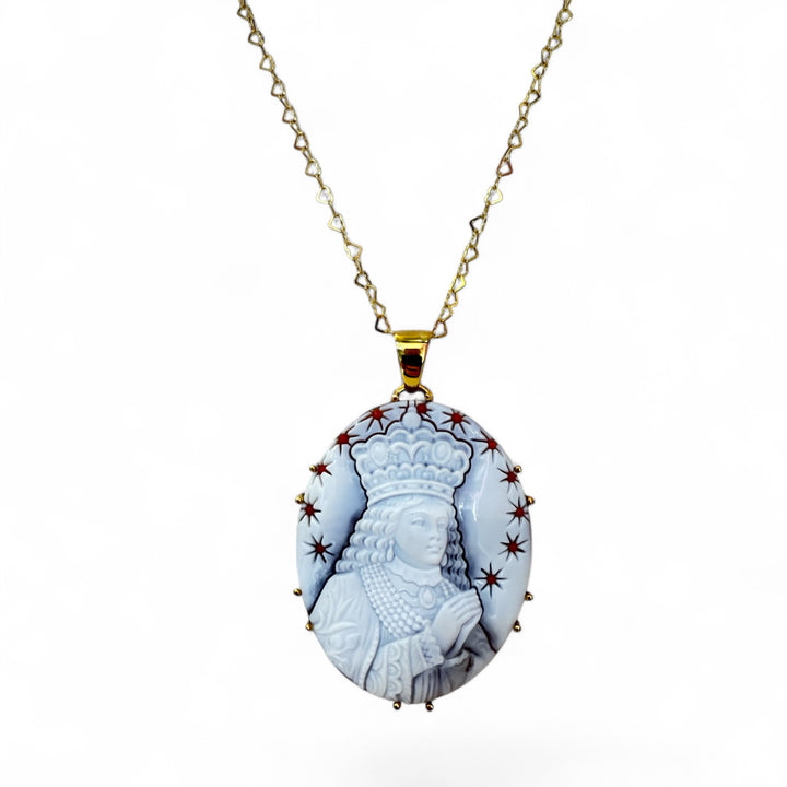 "Immaculate Conception" pendant necklace made of sardonic cameo and coral set in silver