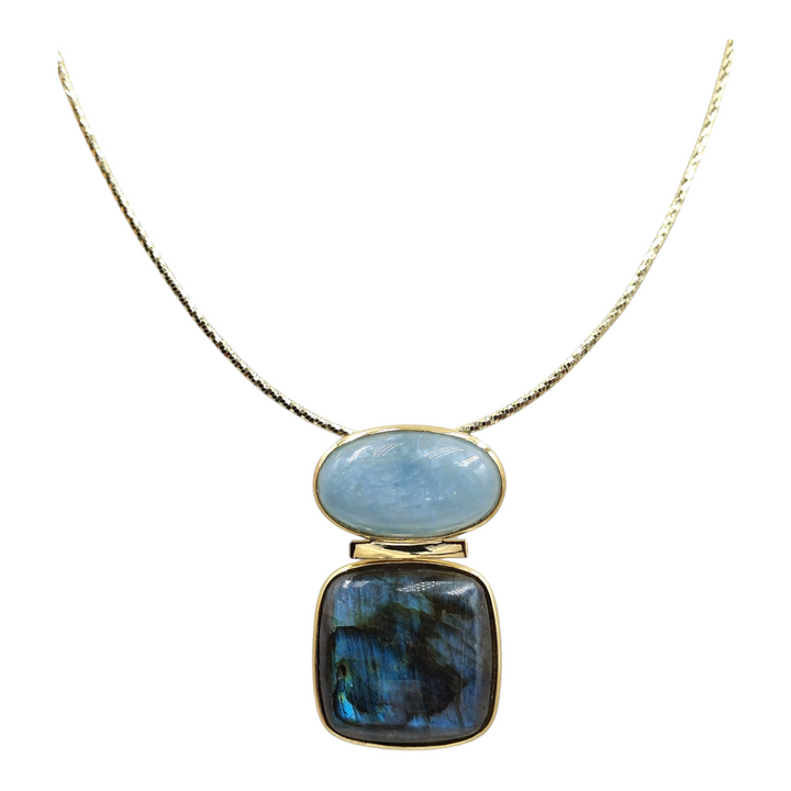 Special pendant necklace in aquamarine and labradorite mounted on gold-plated silver