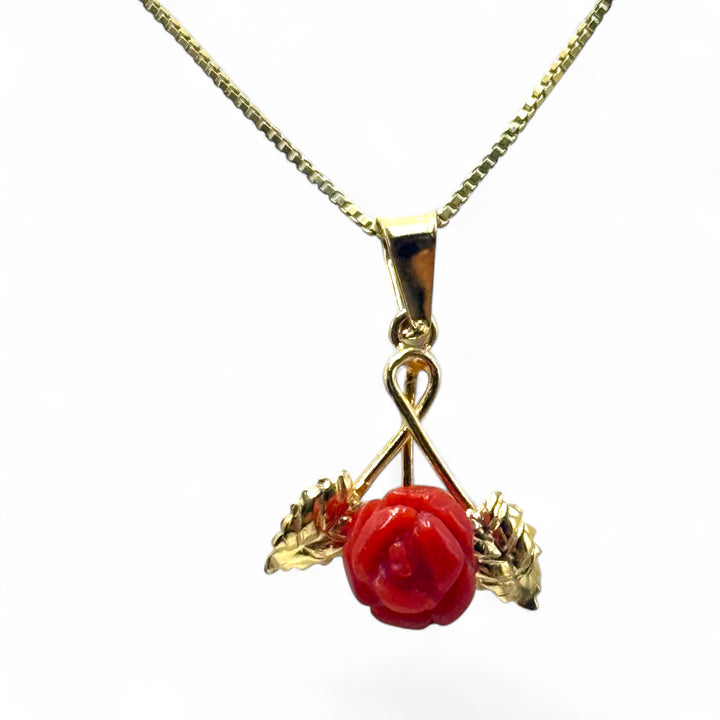 Necklace with Pink Red Coral Pendant set in Gold-Plated Silver