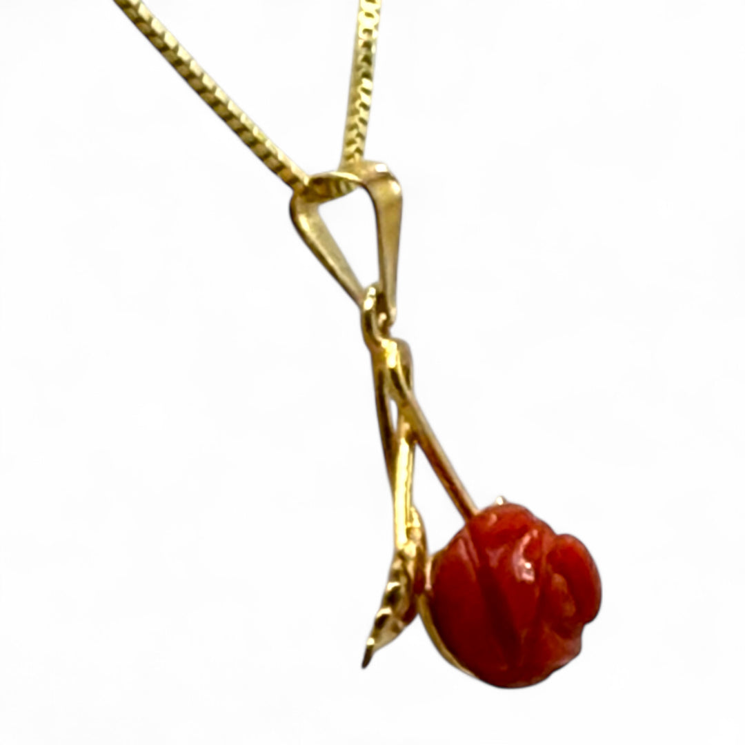 Necklace with Pink Red Coral Pendant set in Gold-Plated Silver