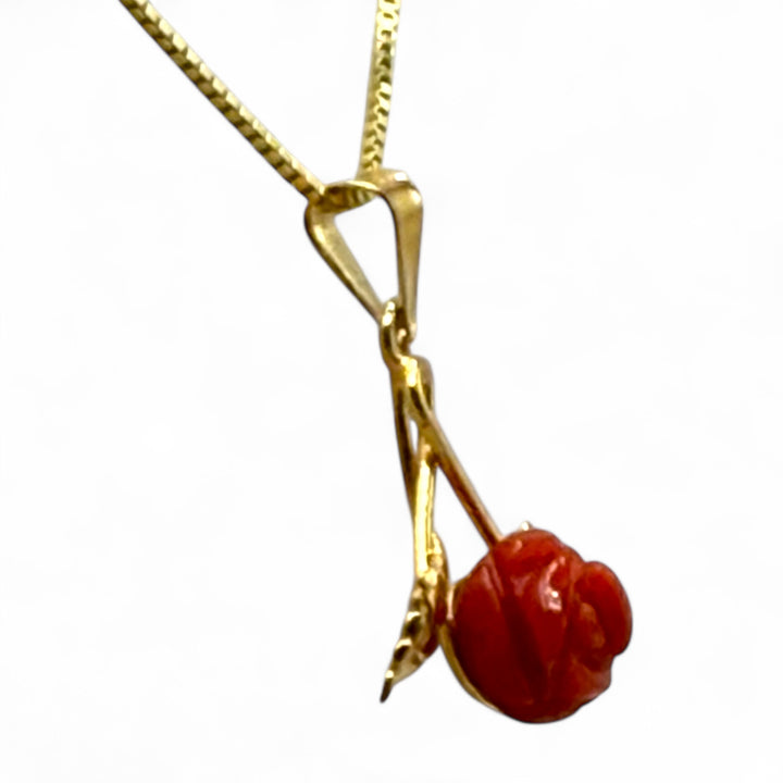 Necklace with Pink Red Coral Pendant set in Gold-Plated Silver