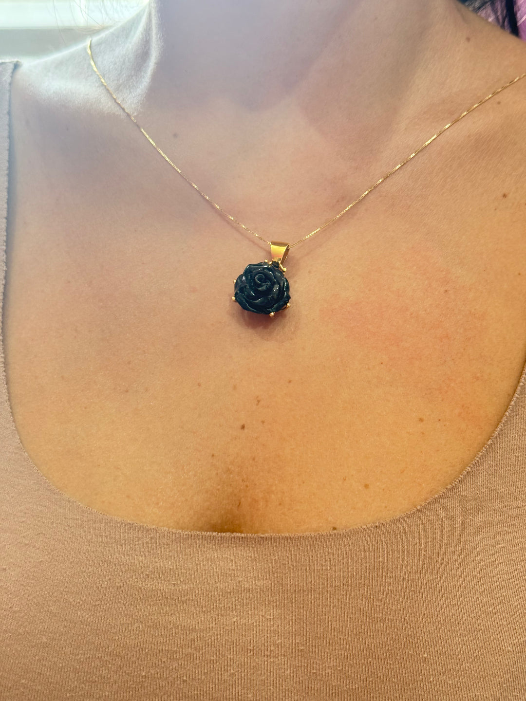 Black coral "black rose" pendant necklace mounted in gold-plated silver