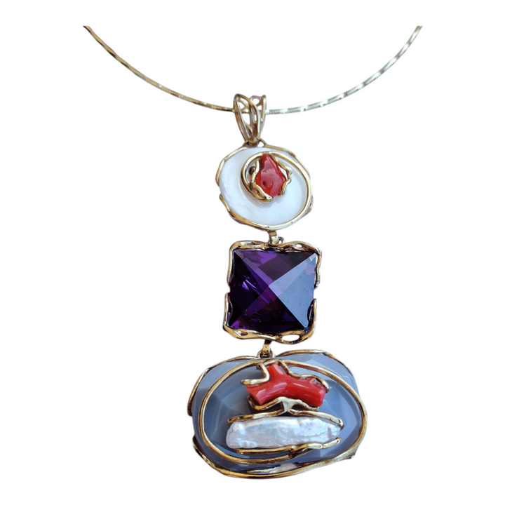 Collana ciondolone agate, corallo perle e pietre montato su argento