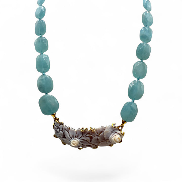 Collana collier cammeo e acquamarina montato in argento