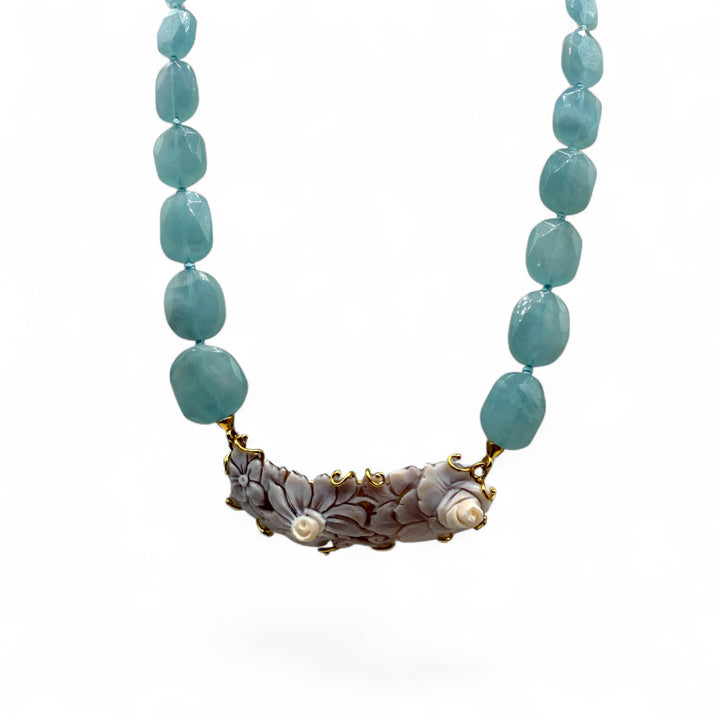 Collana collier cammeo e acquamarina montato in argento