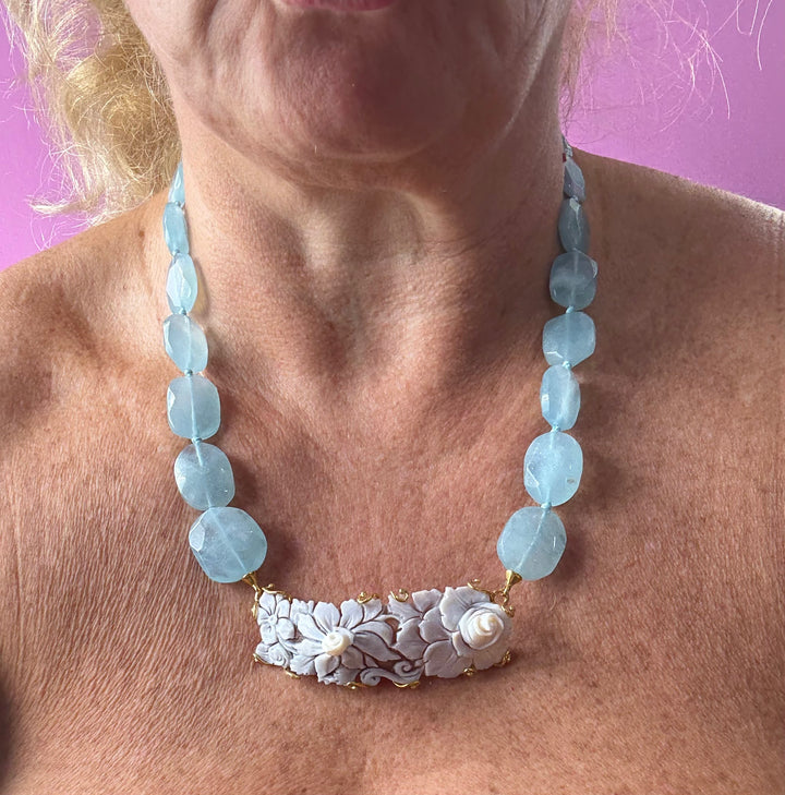Collana collier cammeo e acquamarina montato in argento