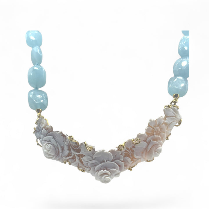 Sardonic cameo necklace set in aquamarine and gilded silver