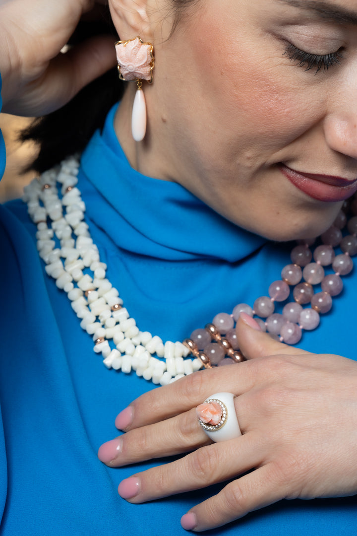 Collana sfere in quarzo rosa e corallo montata su argento
