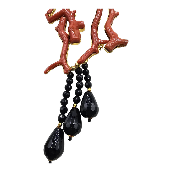Collana ramo corallo rosso ed agata nera sfaccettata montata su argento