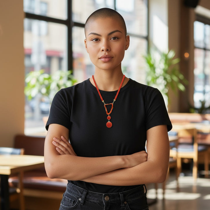 Red coral necklace, woven workmanship mounted in silver