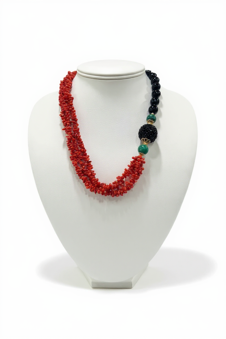 Coral, black agate, and malachite necklace set in silver