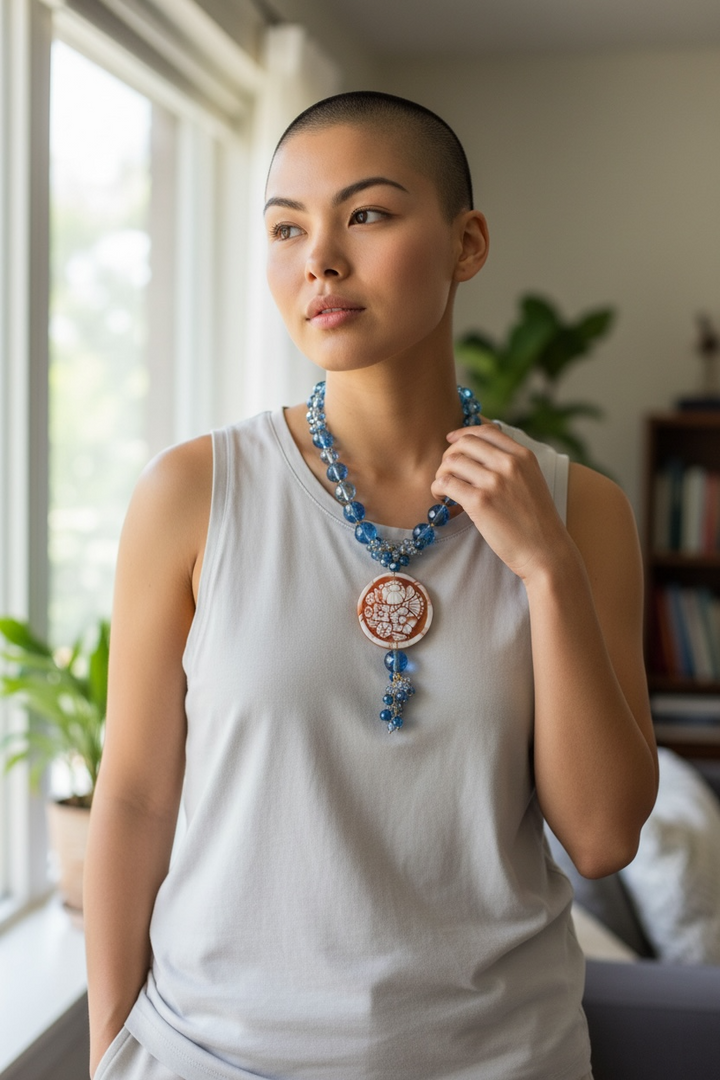 Collana fiore di cammeo sardonico e cristalli azzurri