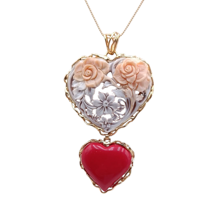 "Double heart" pendant necklace in cameo and coral paste mounted on silver