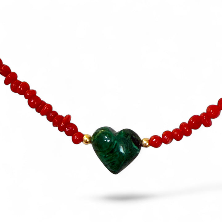 Heart necklace with coral necklace set in silver