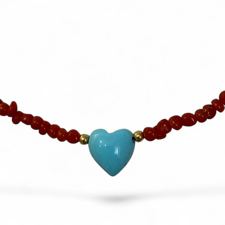 Heart necklace with coral necklace set in silver