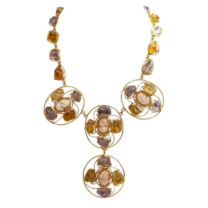 Alternative cameo necklace made of sardonyx shell, citrine and amethyst set in silver
