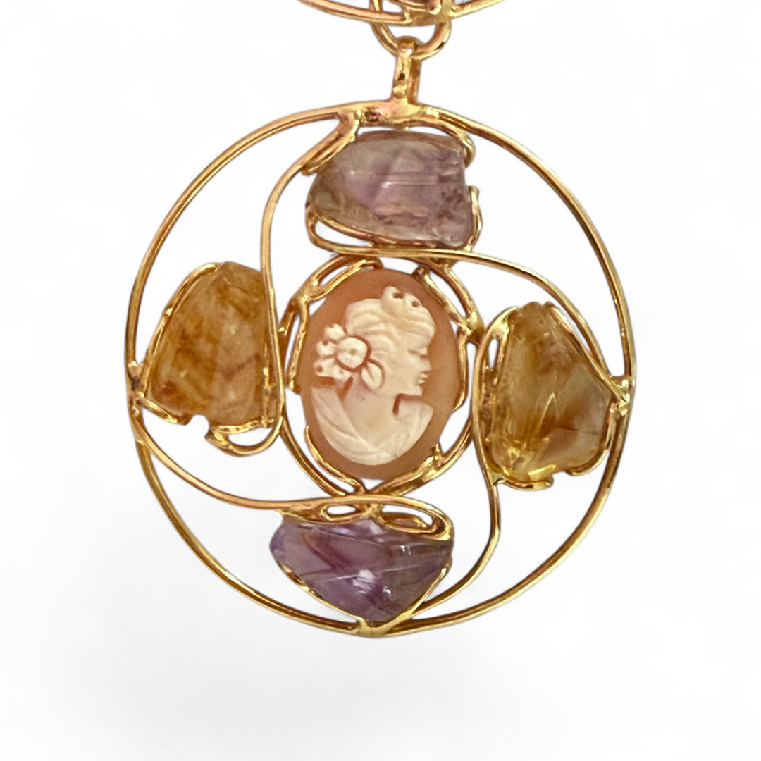 Alternative cameo necklace made of sardonyx shell, citrine and amethyst set in silver