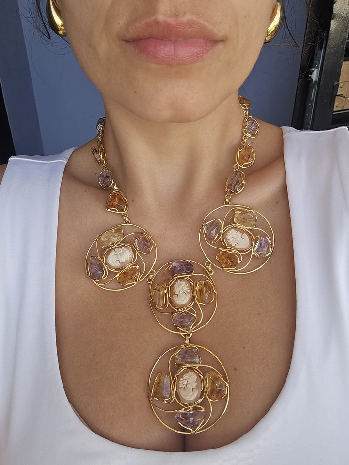 Alternative cameo necklace made of sardonyx shell, citrine and amethyst set in silver