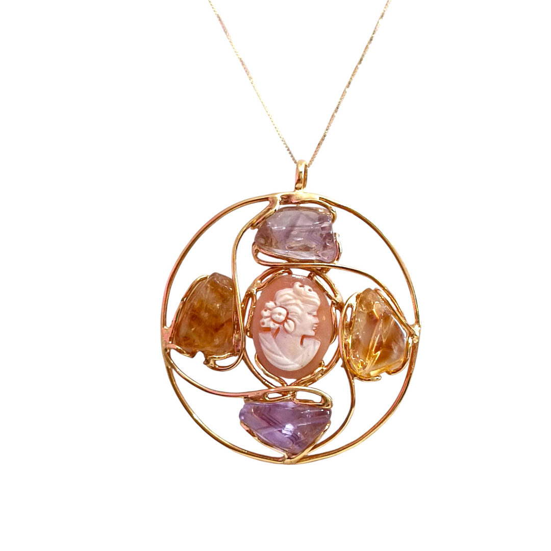 Alternative cameo necklace made of sardonyx shell, citrine and amethyst set in silver