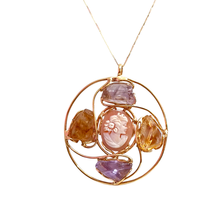 Alternative cameo necklace made of sardonyx shell, citrine and amethyst set in silver