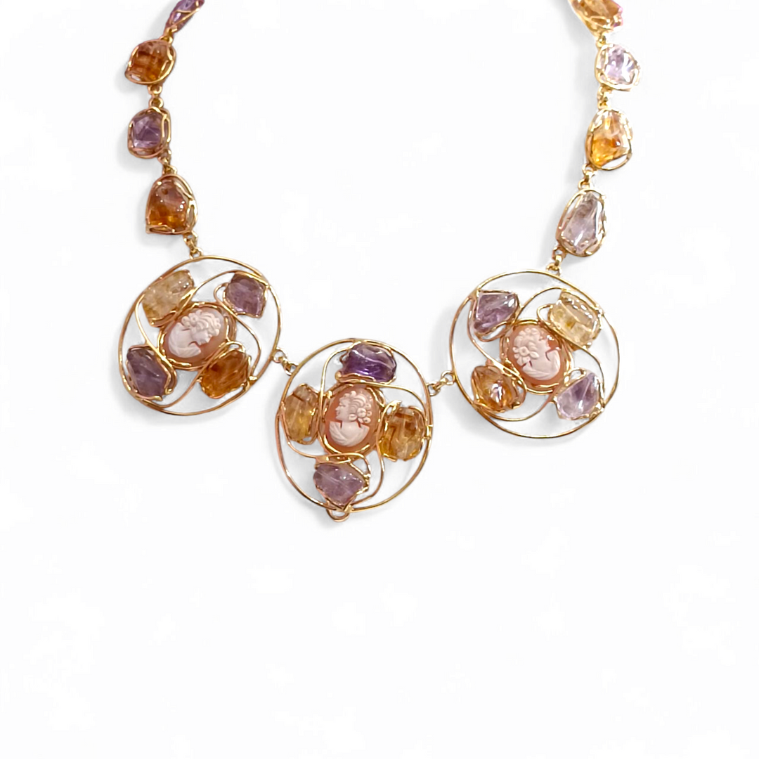 Alternative cameo necklace made of sardonyx shell, citrine and amethyst set in silver