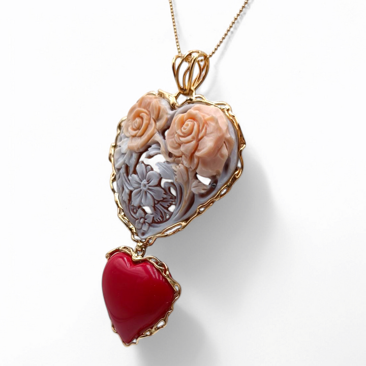 "Double heart" pendant necklace in cameo and coral paste mounted on silver
