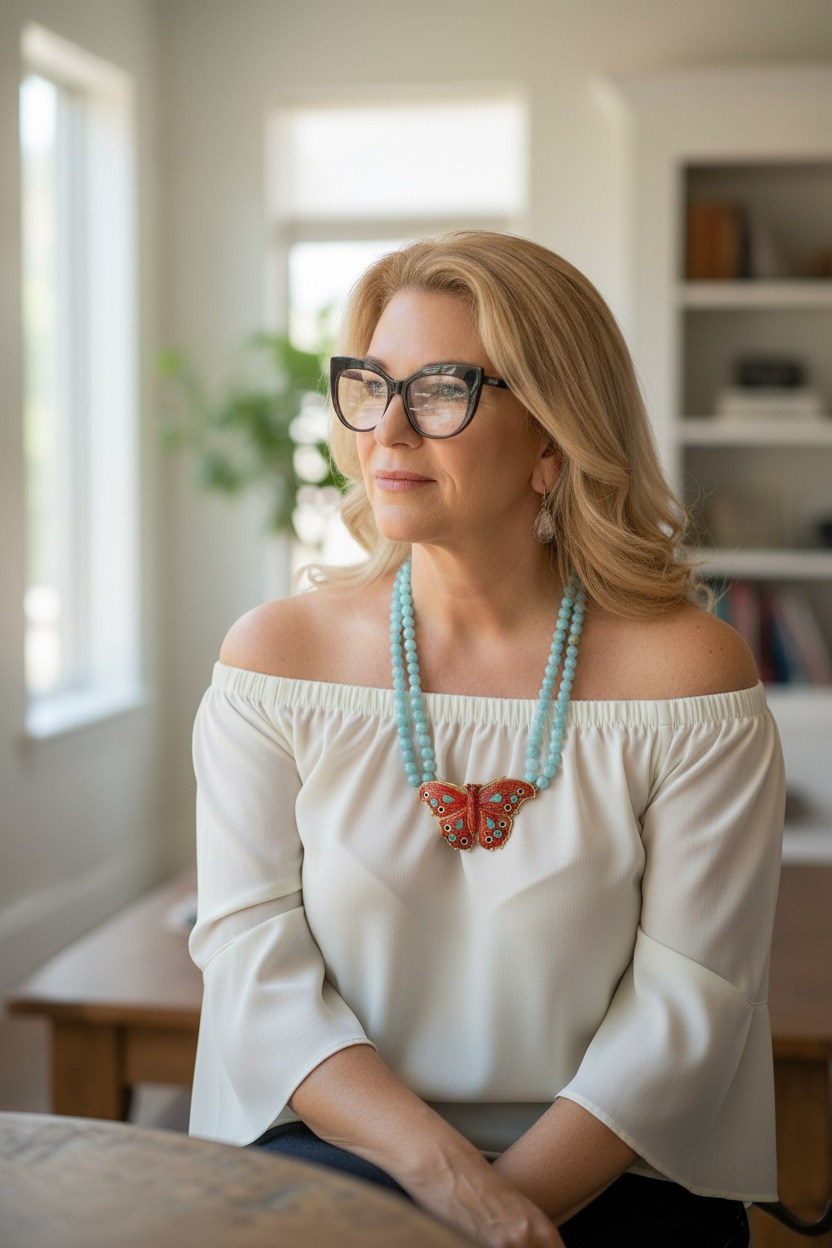 Butterfly necklace in mother-of-pearl and coral mounted on silver, iolite and pearls
