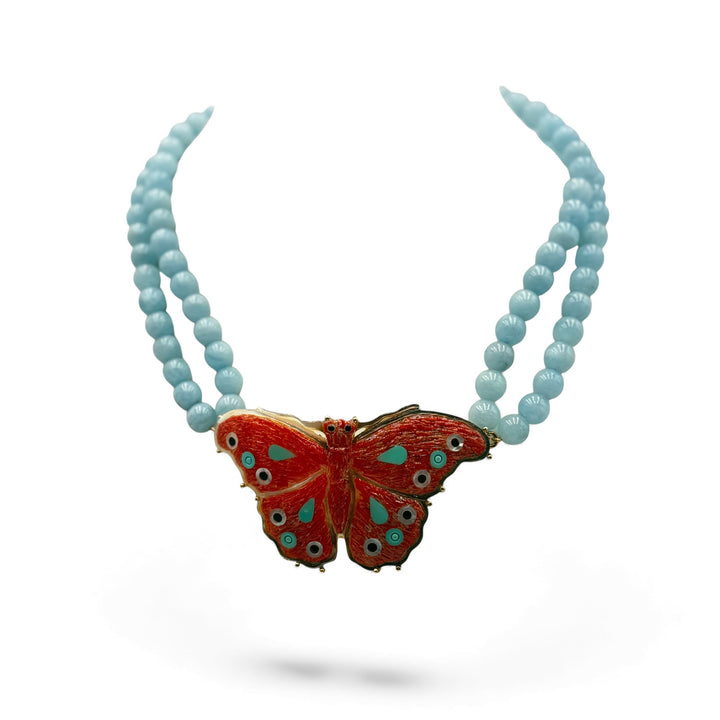 Butterfly necklace in mother-of-pearl and coral mounted on silver, iolite and pearls