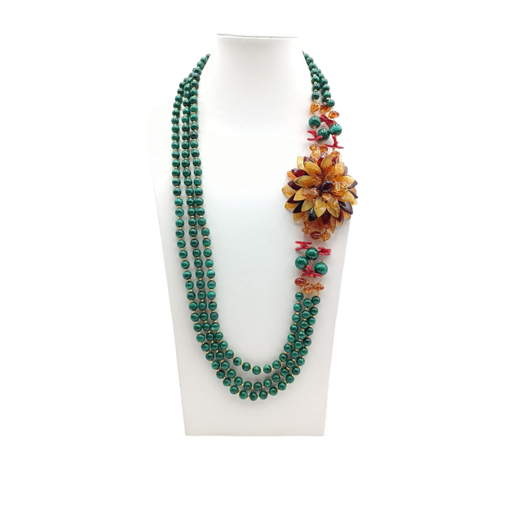 Amber, coral and malachite flower necklace mounted on silver