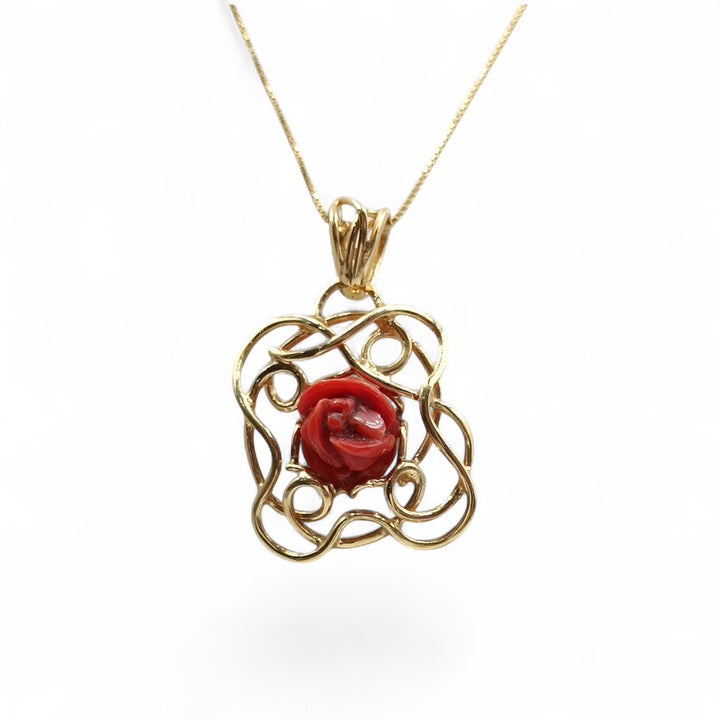Real red coral flower necklace mounted on silver