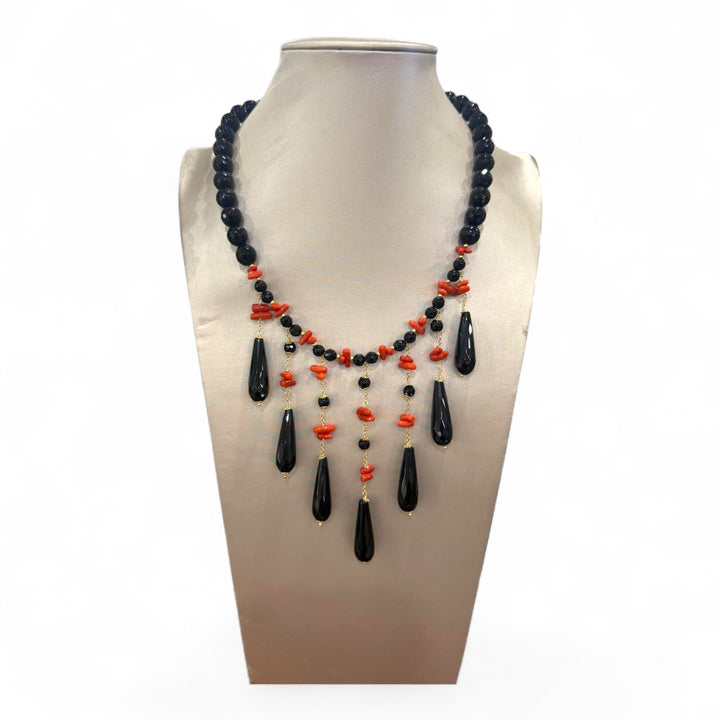 Fringe necklace with black agate and coral set in silver