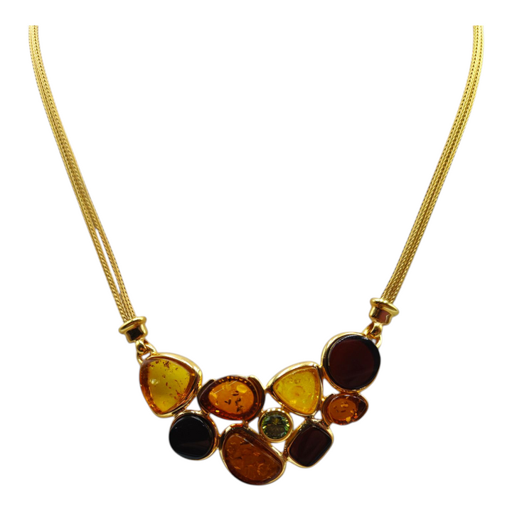 Collana in Ambra multicolore montato su argento placcato oro