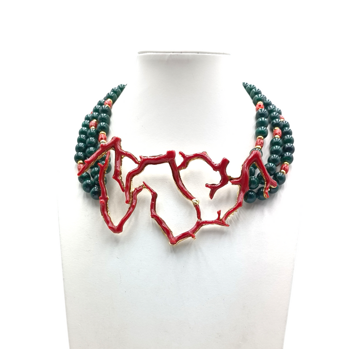 Collana malachite e ramo di corallo montato su argento