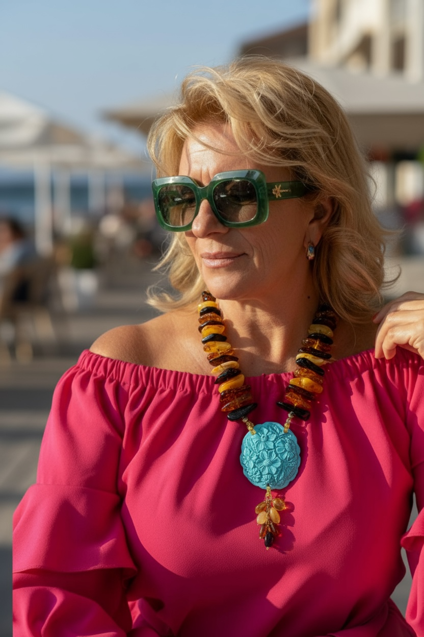 Collana medaglione fiore di pasta di turchese e ambra multicolore