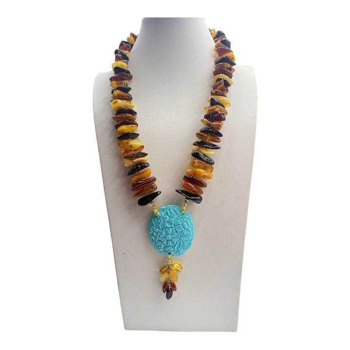 Collana medaglione fiore di pasta di turchese e ambra multicolore