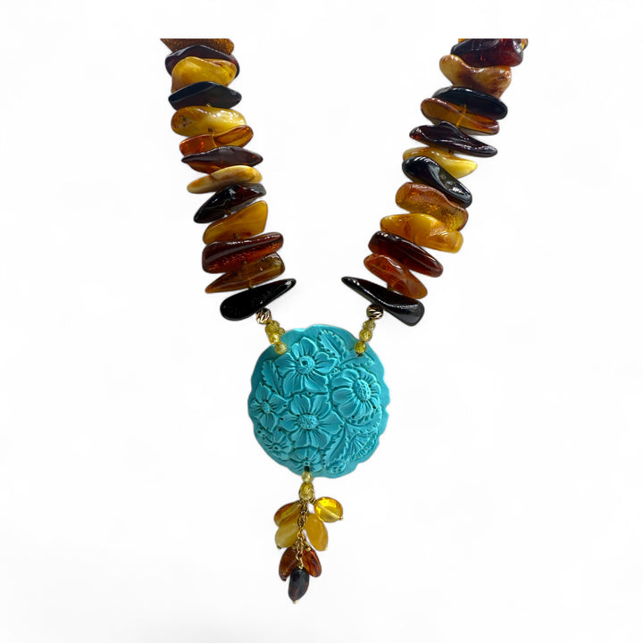 Collana medaglione fiore di pasta di turchese e ambra multicolore