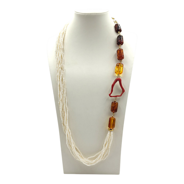 Collana microperle, corallo e ambra montato su argento galvanica oro