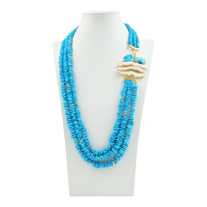 Collana multifili in corallo e turchese montata su argento