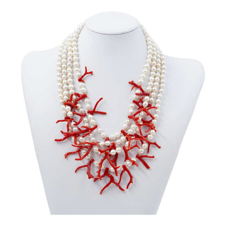 Multi-strand coral and pearl necklace mounted on silver